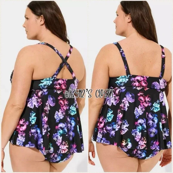 Torrid Midnight Roses Wireless Babydoll Tankini Top & Black Bottoms Swim SET 3X